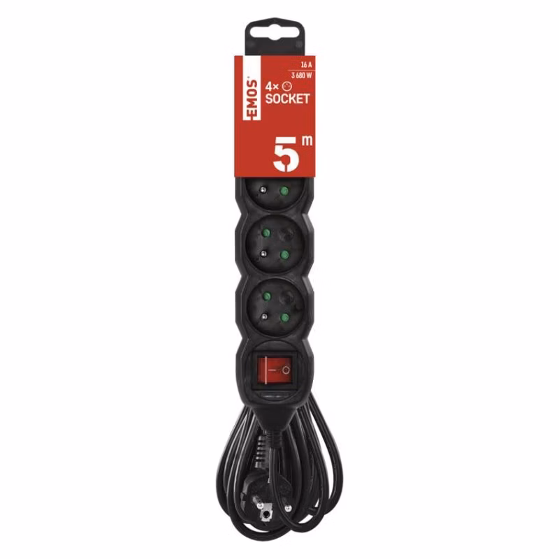 Predlžovací kábel 5 m / 4 zásuvky / s vypínačom / čierny / PVC / 1,5 mm2