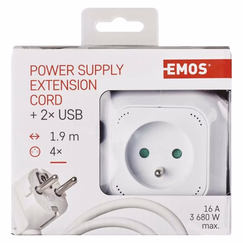 Predlžovací kábel - kocka 1,9 m / 4 zásuvky / biely / PVC / s USB / 1 mm2