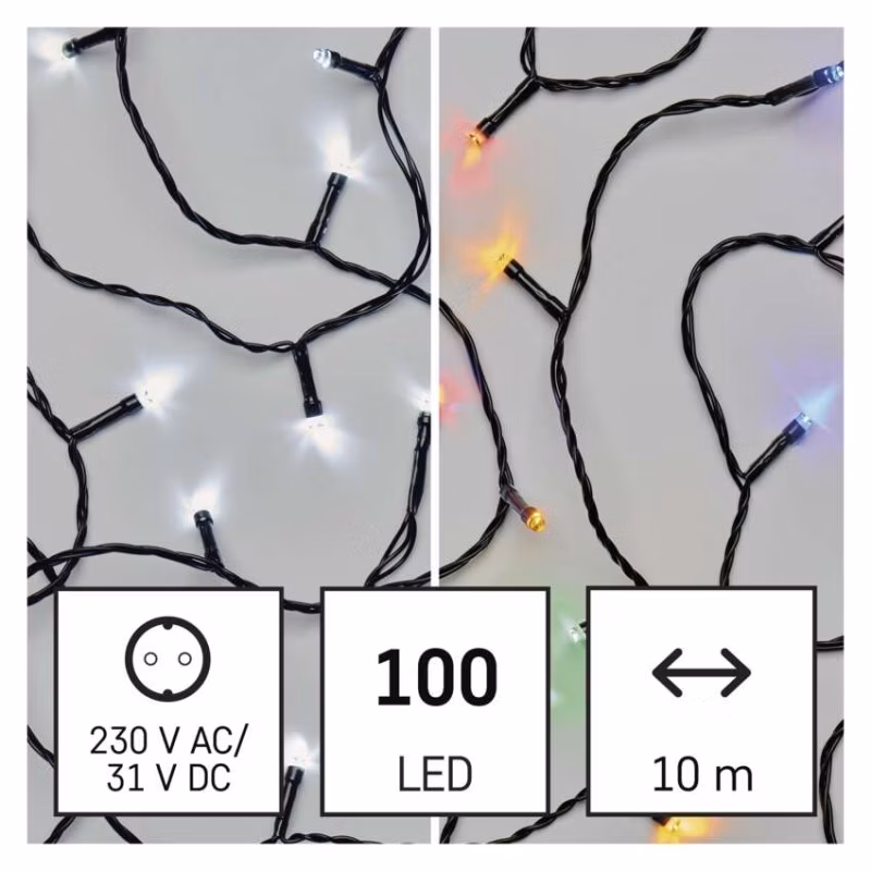 LED vianočná reťaz 2v1, 10 m, vonkajšia aj vnútorná, studená biela/multicolor, programy