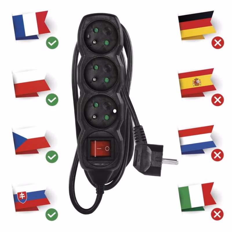 Predlžovací kábel 3 m / 3 zásuvky / s vypínačom / čierny / PVC / 1,5 mm2