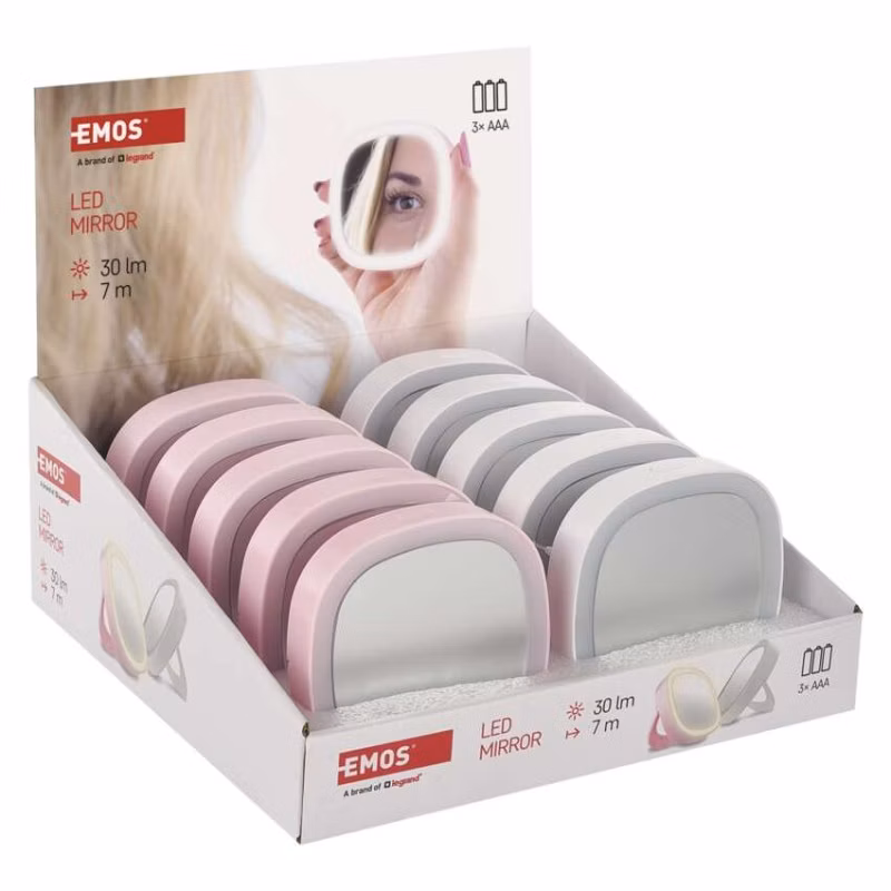 Vreckové kozmetické zrkadlo s LED svetlom, 10 ks, display box