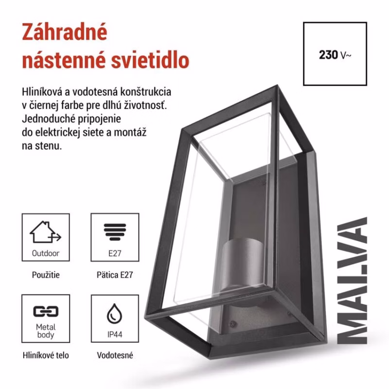 Záhradné nástenné svietidlo MALVA, 13 x 12 x 25 cm, 1 x E27, 15 W