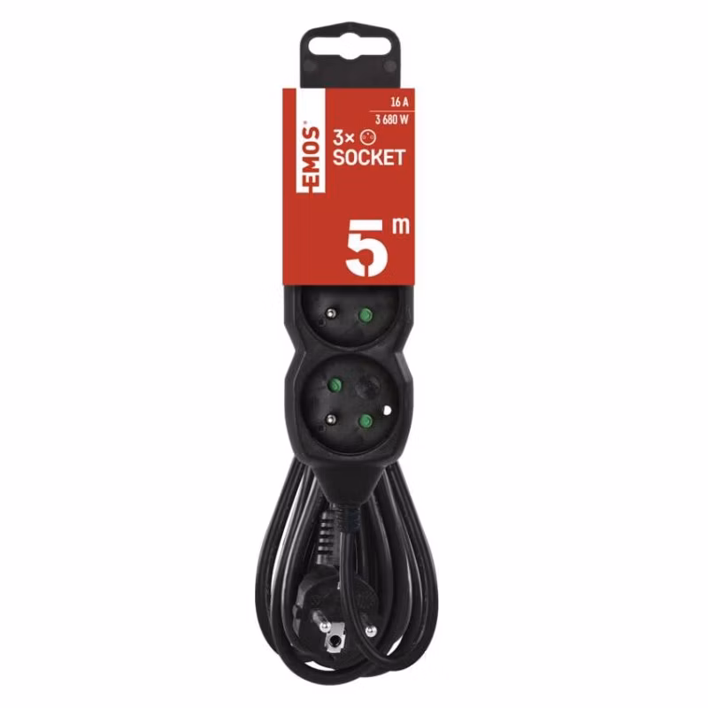 Predlžovací kábel 5 m / 3 zásuvky / čierny / PVC / 1,5 mm2