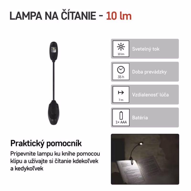 LED svietidlo na čítanie, 10 lm, 1× AAA