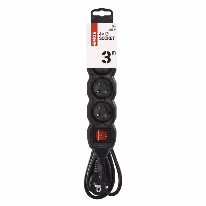 Predlžovací kábel 3 m / 4 zásuvky / s vypínačom / čierny / PVC / 1 mm2