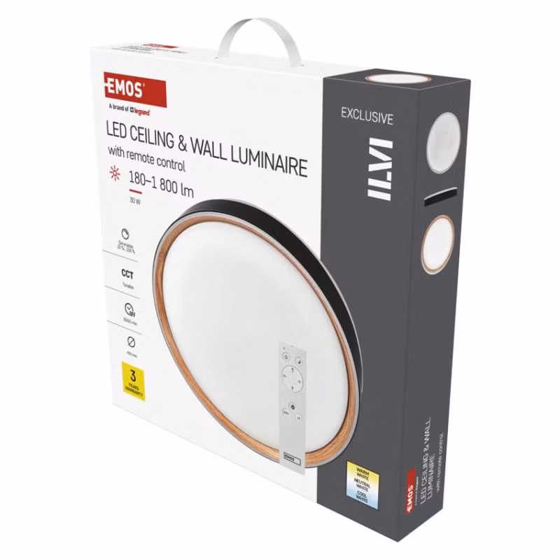LED nástenné svietidlo ILVI, kruhové 30 W, stmievanie + CCT, čierna + drevo