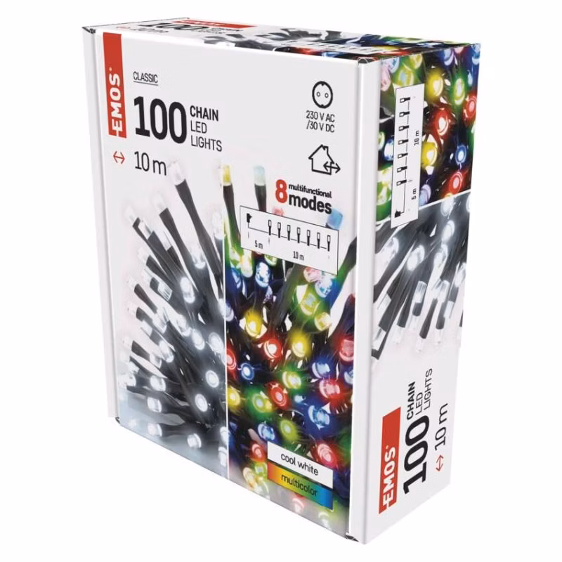 LED vianočná reťaz 2v1, 10 m, vonkajšia aj vnútorná, studená biela/multicolor, programy