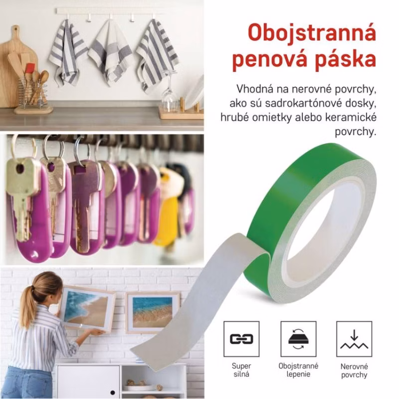 Dvojstranná penová páska 20 mm / 3 m, zelená