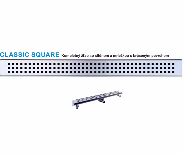 Nerezový odtokový žľab CLASSIC SQUARE so sifónom DN40 a  dekoratívnou mriežkou