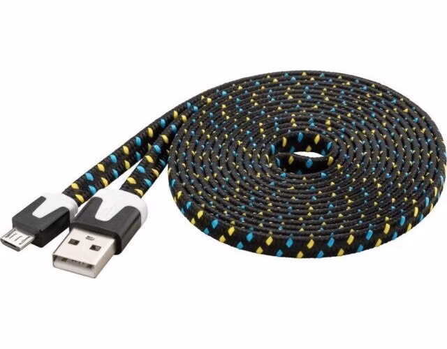 PremiumCord Kabel micro USB 2.0, A-B 2m, plochý textilní kabel, černo-modro-žlutý