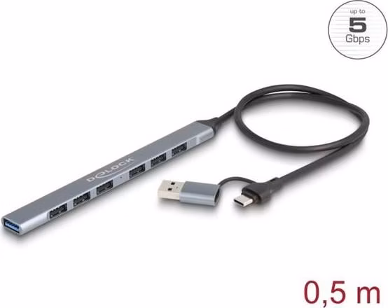 Delock 7 portový štíhlý USB Hub z  USB Type-C™ nebo USB Typ-A na 1 x USB 5 Gbps Typ-A + 6 x USB 2.0 Typ-A