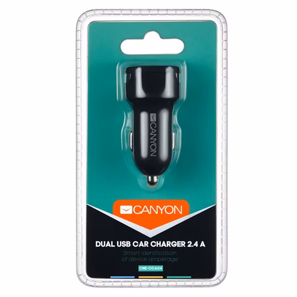 Canyon C-04, univerzálna autonabíjačka, 2x USB, 5V/2.4A, inteligentná technológia nabíjania, čierna