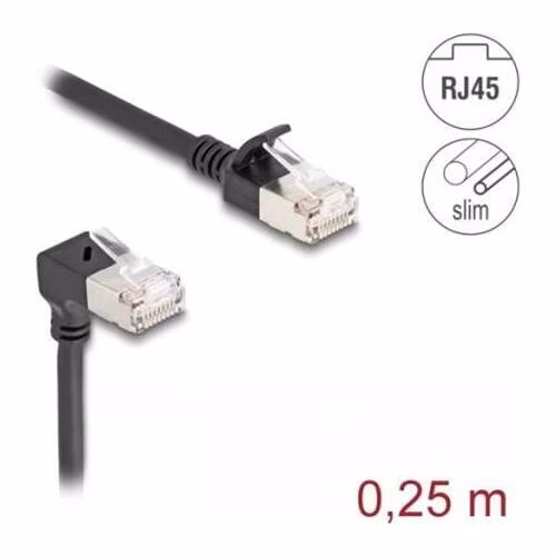 Delock Síťový kabel RJ45 Cat.6A S/FTP, Slim, zalomený dolů o 90° / přímý, 0,25 m, černý
