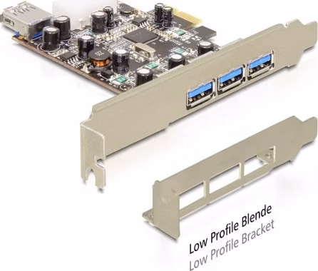 DeLock PCI Express x1 > USB 3.0, 3x externí, 1x interní, VIA, + low profile