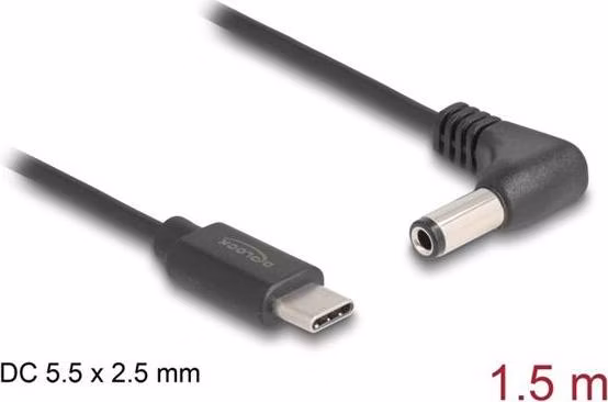 Delock Napájecí kabel z konektoru USB Type-C™ na stejnosměrný konektor 5,5 x 2,5 mm, pravoúhlý, 1,5 m