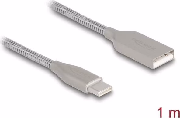 Delock Kabel USB 2.0 s kovovým opláštěním USB Typ-A samec na USB Type-C™ samec PD 3.0, 60 W, 1 m, stříbrný