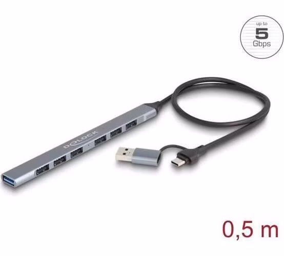 Delock 7 portový štíhlý USB Hub z USB Type-C™ nebo USB Typ-A na 1 x USB 5 Gbps Typ-A + 6 x USB 2.0 Typ-A