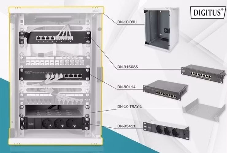 DIGITUS Síťový sada 10 palců, včetně skříně 9U, PDU, police, 8-portového přepínače, patch panelu CAT 6