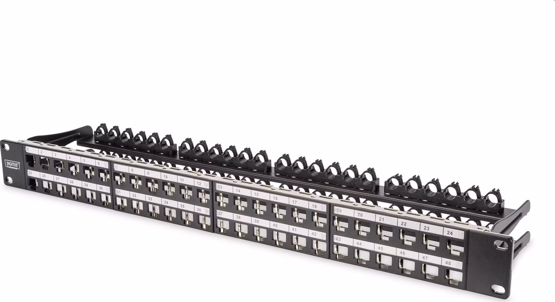 Digitus Modular Patch Panel, stíněný 48 portů, štítkové pole, 1U, montáž do stojanu, barva černá RAL 9005