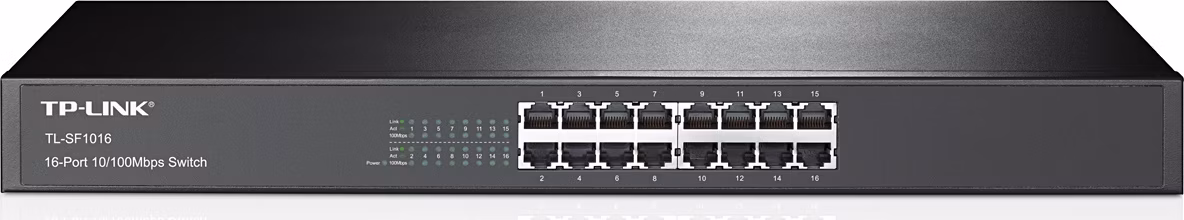 16-Port 10/100 Mbps Switch PORT: 16× 10/100 Mbps RJ45 Ports SPEC: 1U 19-inch Rack-mountable Steel Case FEATURE: Plug and