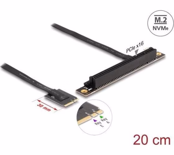 Delock Adaptér M.2 klíč A+E na PCIe x16 NVMe, pravoúhlý, s kabelem délky 20 cm