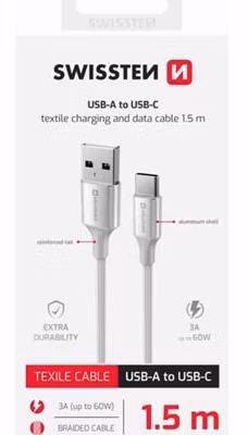 SWISSTEN DATOVÝ KABEL TEXTILE II USB / USB-C 1,5 M BÍLÝ