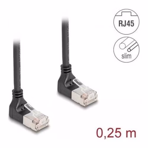 Delock Síťový kabel rozhraní RJ45, Cat.6A, S/FTP, Slim, zalomený nahoru / nahoru o 90°, 0,25 m, černý