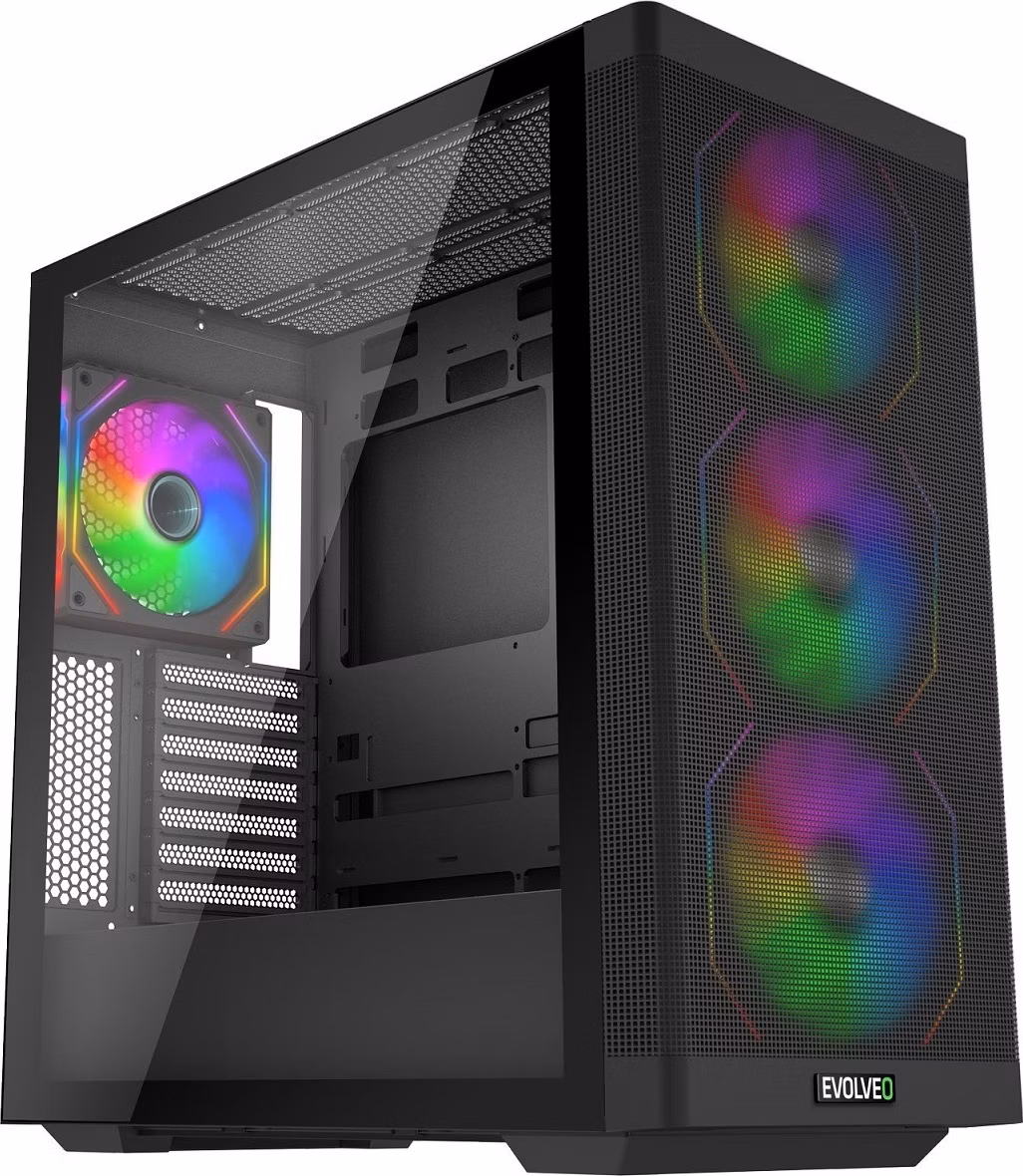 EVOLVEO Scorpio, skříň eATX/ATX, 4x ARGB ventilátor 120mm, boční panel temperované sklo + mřížkovaný přední panel