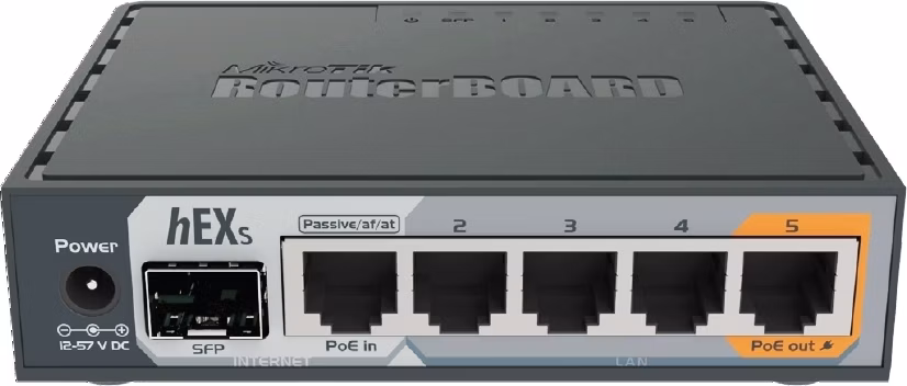 MikroTik RouterBOARD hEX S, 880MHz dvojjadrový CPU, 256MB RAM, 5x LAN, 1x SFP, PoE in/out, USB, microSD slot, vrátane. Licencia L4