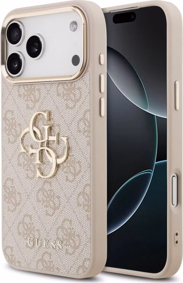 Guess PU Leather 4G Metal Logo Gold Frame kryt iPhone 17 Pro ružový