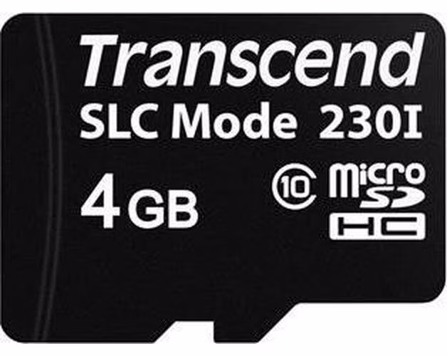 Transcend 4GB microSDHC230I (Class 10) 3D TLC (SLC mode) průmyslová paměťová karta, 22MB/s R, 21MB/s W, černá