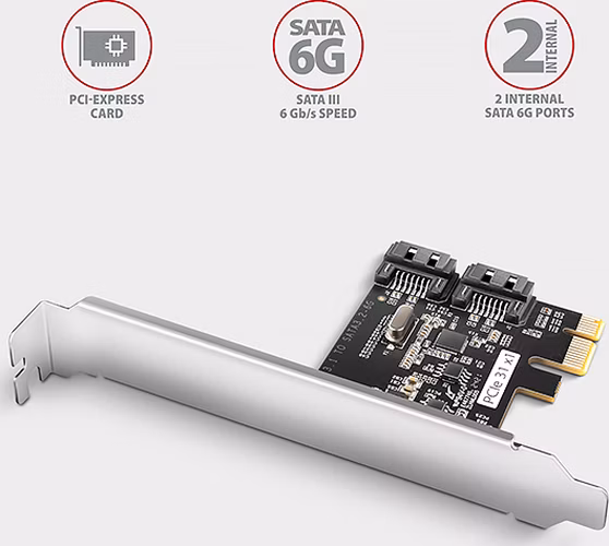 AXAGON PCES-SJ2 Dvoukanálový SATA III PCI-Express řadič se dvěma interními SATA porty. Standard &amp; Low profile
