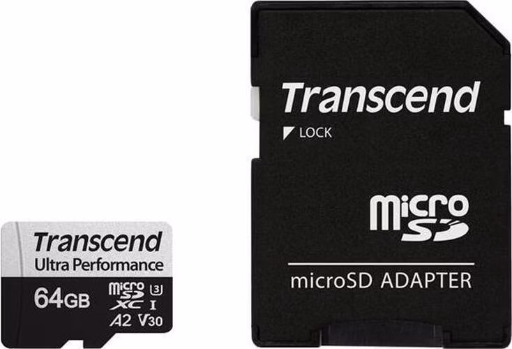 Transcend 64GB microSDXC 340S UHS-I U3 V30 A2 3D TLC (Class 10) paměťová karta (s adaptérem), 160MB/s R, 80MB/s W