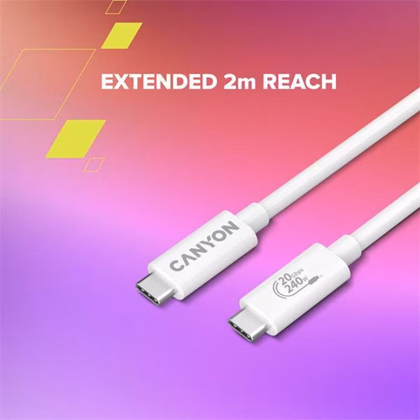 Canyon OnWire 240, 2 m, nabíjací a dátový kábel USB-C / USB-C, USB4, 240 W PD, 20 Gb/s, TPE, biely