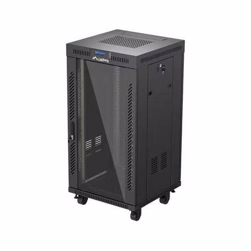 19" VOĽNE STOJÚCA RACKOVÁ SKRIŇA 22U 600X600 ČIERNE SKLENENÉ DVERE LANBERG (PLOCHÉ BALENIE) V2