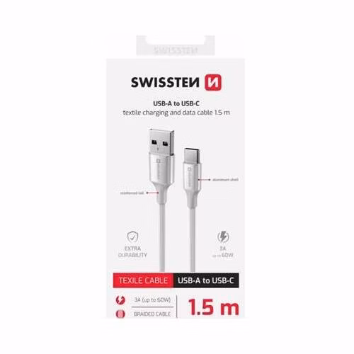 SWISSTEN DATOVÝ KABEL TEXTILE II USB / USB-C 1,5 M BÍLÝ