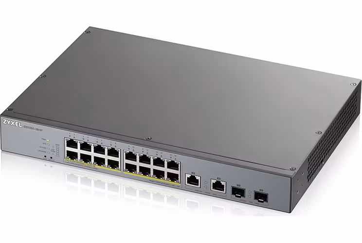 Zyxel GS1350-18HP 18portový inteligentný spravovaný CCTV PoE switch, dlhý dosah, 250W, 16x GbE, 2x combo RJ45/SFP