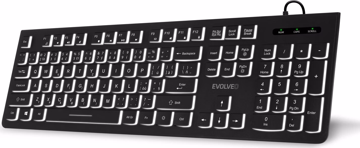 EVOLVEO Klávesnice K1010, Tichá, Drátová USB, Podsvícení, CZ+SK, Černá