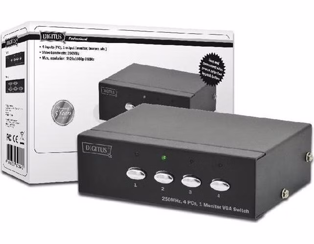 Digitus VGA přepínač, 4 vstupy, 1 výstup 250MHz, vč. napájení DC9V, 300 mA, Max. 1080p