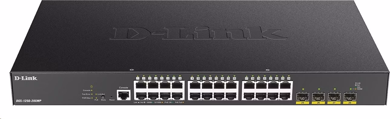 BAZAR - D-Link DGS-1250-28XMP 28-port Gigabit Smart PoE Switch, 24x GbE PoE+, 4x SFP+, PoE 370W - Poškozený obal (Komple