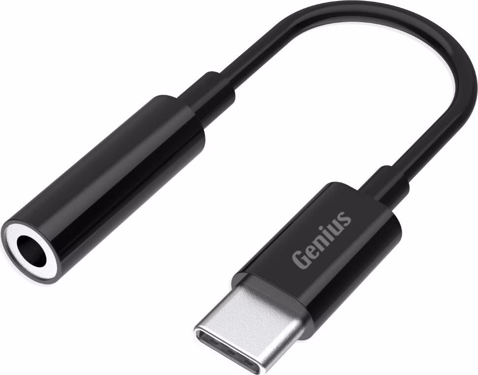 Genius ACC-C100, Redukce, USB-C zástrčka, 3,5mm jack zásuvka, 10cm, černá