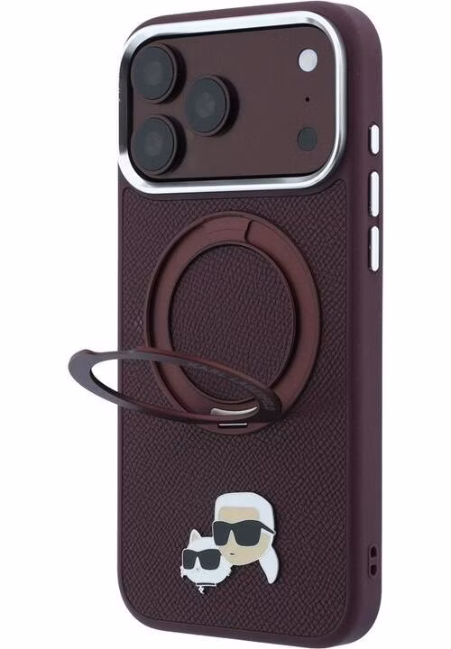 Karl Lagerfeld PU Grained K&amp;CH Heads Ring Stand Magsafe kryt iPhone 18 Pro burgundy