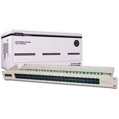 Digitus CAT 3 ISDN Patch Panel, nestíněný, 50 portů RJ45, 8P4C, LSA, 1U, montáž do stojanu, šedá, 482x44x109