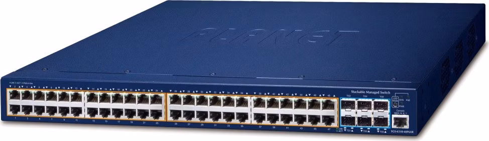 Planet SGS-6310-48P6XR L3 switch, 48x1Gb, 6x10Gb SFP+, 48x PoE 802.3at 740W, HW/IP stack, 2x power-in, VSF/Cluster