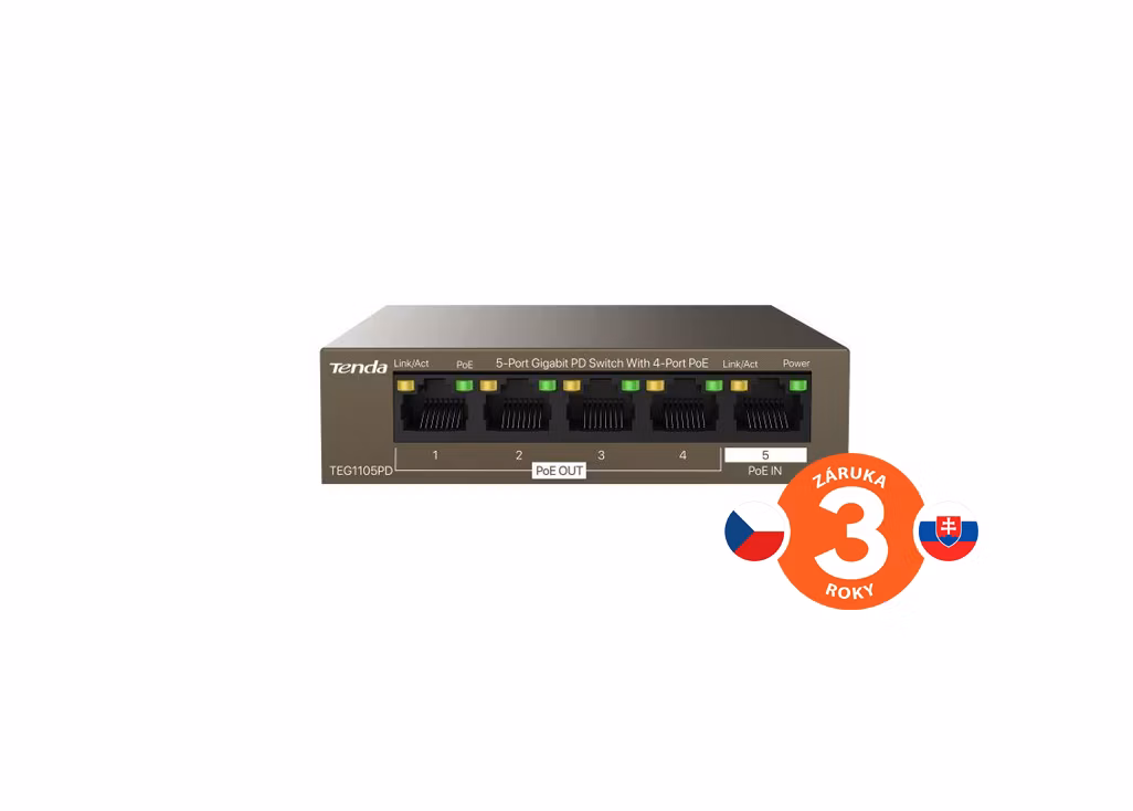 Tenda TEG1105PD - 5-portový PoE PD Gigabit Ethernet Switch, 1x PoE IN, 4x PoE OUT, kovový, bez ventilátora