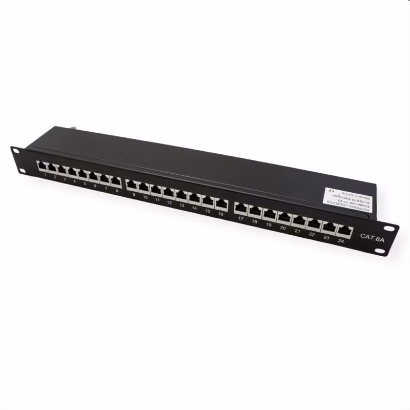 OEM patch panel 24port Cat6A, STP, blok Krone LSA+, vyväz. lišta, 1U čierny