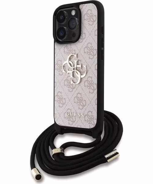Guess PU 4G Metal Logo Crossbody Popruh kryt iPhone 16 Pro ružový