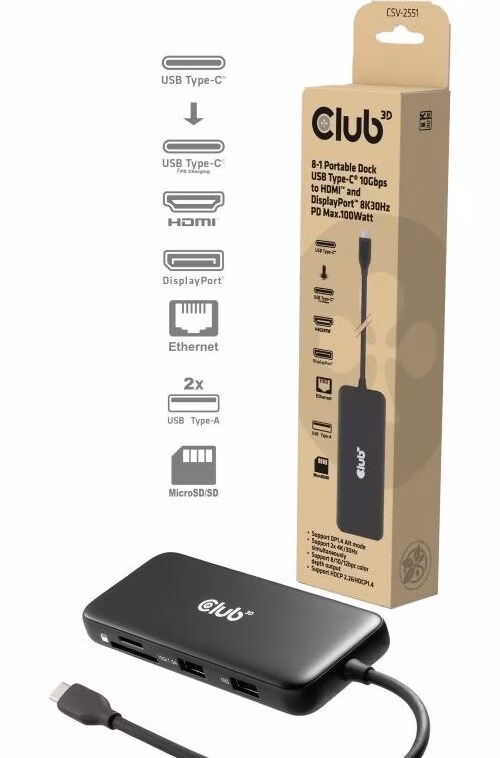 Club3D Dokovací stanice USB-C 8v1, 1xHDMI, 1xDP, 1xUSB-C, 2xUSB, 1xRJ45, černá
