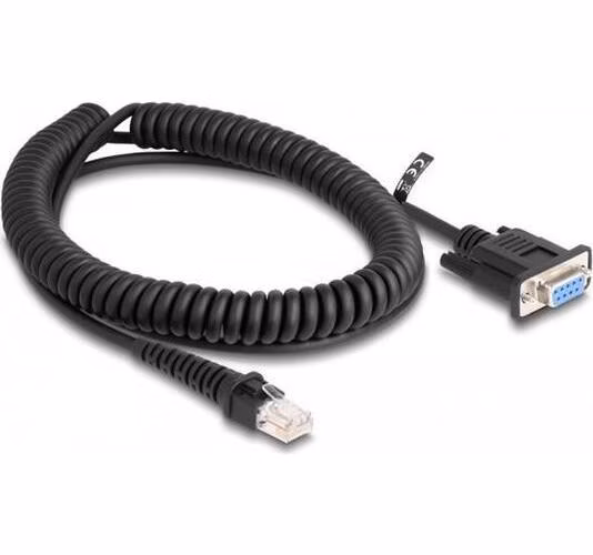 Delock Vinutý kabel ze zástrčkového konektoru RJ50 na samice konektor D-Sub 9, délky 1,5 m, černý