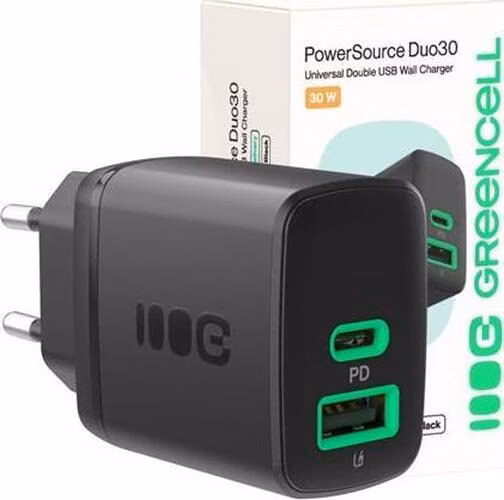 Green Cell PowerSource Duo30 Charger USB/USB-C Black Power Adapter 30W Power Delivery
